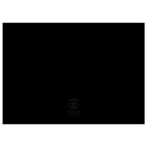 Black blank back of a save the date with a gray Ceci New York circle logo at the bottom.