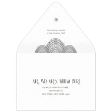 Load image into Gallery viewer, Black lines and dots swooping on the black flap of an envelope. Deco font centered underneath the design with a small circle logo at the top of the flap. Centered deco font on the front of the envelope.