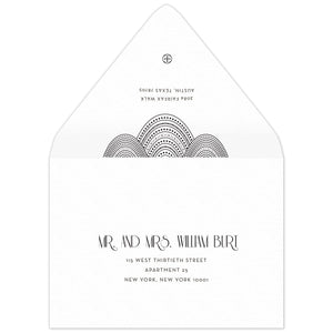 Black lines and dots swooping on the black flap of an envelope. Deco font centered underneath the design with a small circle logo at the top of the flap. Centered deco font on the front of the envelope.