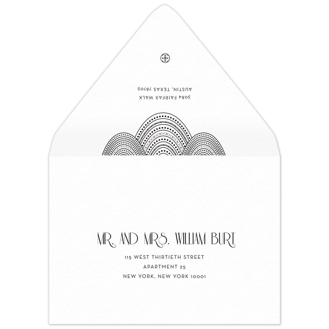 Black lines and dots swooping on the black flap of an envelope. Deco font centered underneath the design with a small circle logo at the top of the flap. Centered deco font on the front of the envelope.