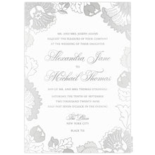 Load image into Gallery viewer, White invitation with lace florals in silver foil on all edges. Block and script font centered on the page.