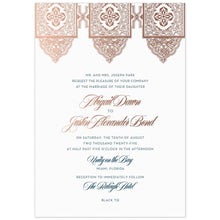 Load image into Gallery viewer, Middle Eastern design at the top of the card in rose gold foil. Teal block font and rose gold script font centered on the page under the design.