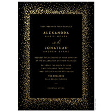 Load image into Gallery viewer, Black invitation card with ombre gold dots framing the block and script font centered on the page.