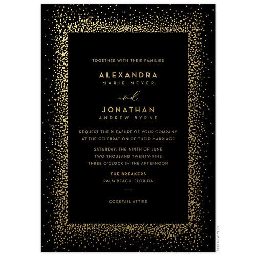 Black invitation card with ombre gold dots framing the block and script font centered on the page.