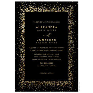Black invitation card with ombre gold dots framing the block and script font centered on the page.