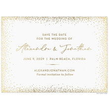 Load image into Gallery viewer, White card with gold dots organically framing the card. Gold block and script font centered on the page. Simple line flourish separating information. 