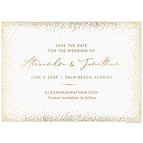 White card with gold dots organically framing the card. Gold block and script font centered on the page. Simple line flourish separating information. 