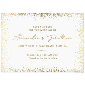 White card with gold dots organically framing the card. Gold block and script font centered on the page. Simple line flourish separating information. 