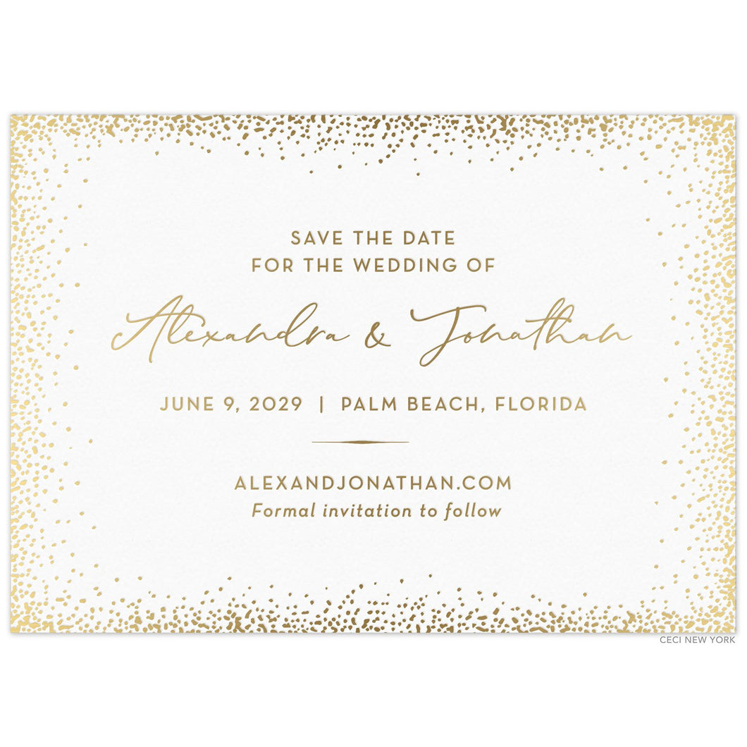 White card with gold dots organically framing the card. Gold block and script font centered on the page. Simple line flourish separating information. 