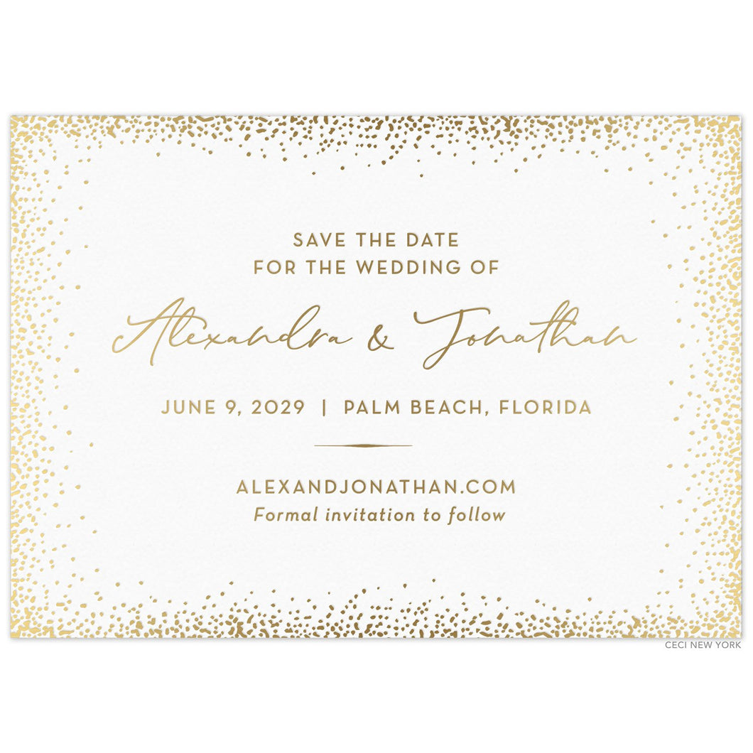 White card with gold dots organically framing the card. Gold block and script font centered on the page. Simple line flourish separating information. 