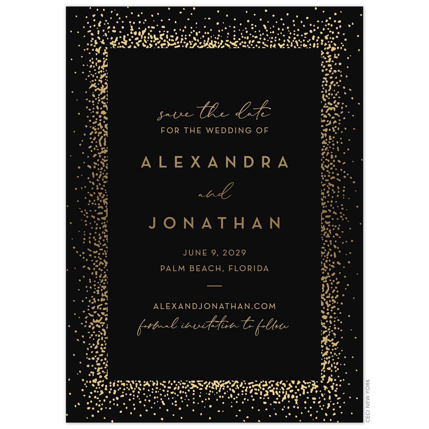 Black invitation card with ombre gold dots framing the block and script font centered on the page.