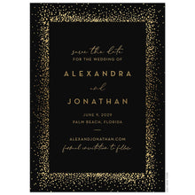 Load image into Gallery viewer, Black invitation card with ombre gold dots framing the block and script font centered on the page.