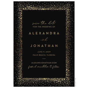 Black invitation card with ombre gold dots framing the block and script font centered on the page.