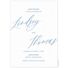 Load image into Gallery viewer, White invitation card with centered block font, large angled script font names in the center, everything in blue ink.