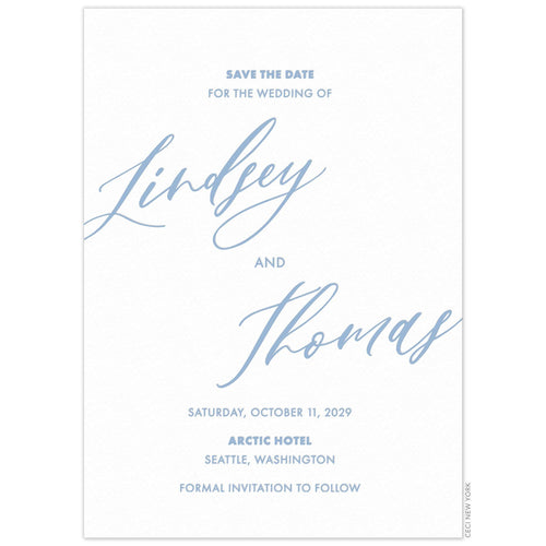 White invitation card with centered block font, large angled script font names in the center, everything in blue ink.