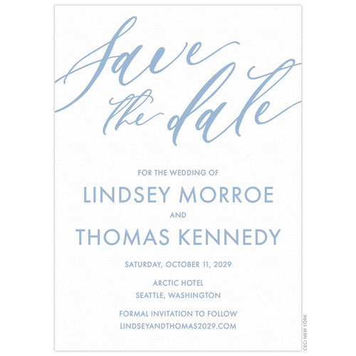 White invitation card with script "Save The Date" at the top of the card. Block text centered underneath.