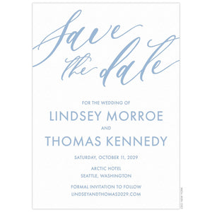 White invitation card with script "Save The Date" at the top of the card. Block text centered underneath.