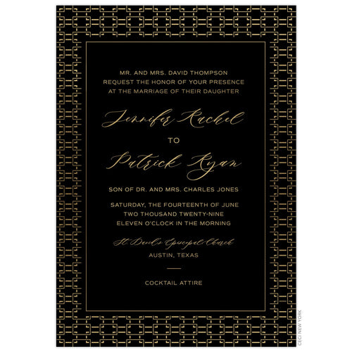 Gold Trellis pattern border on a black card. Block and script font centered on the middle of the pattern.