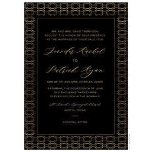Gold Trellis pattern border on a black card. Block and script font centered on the middle of the pattern.