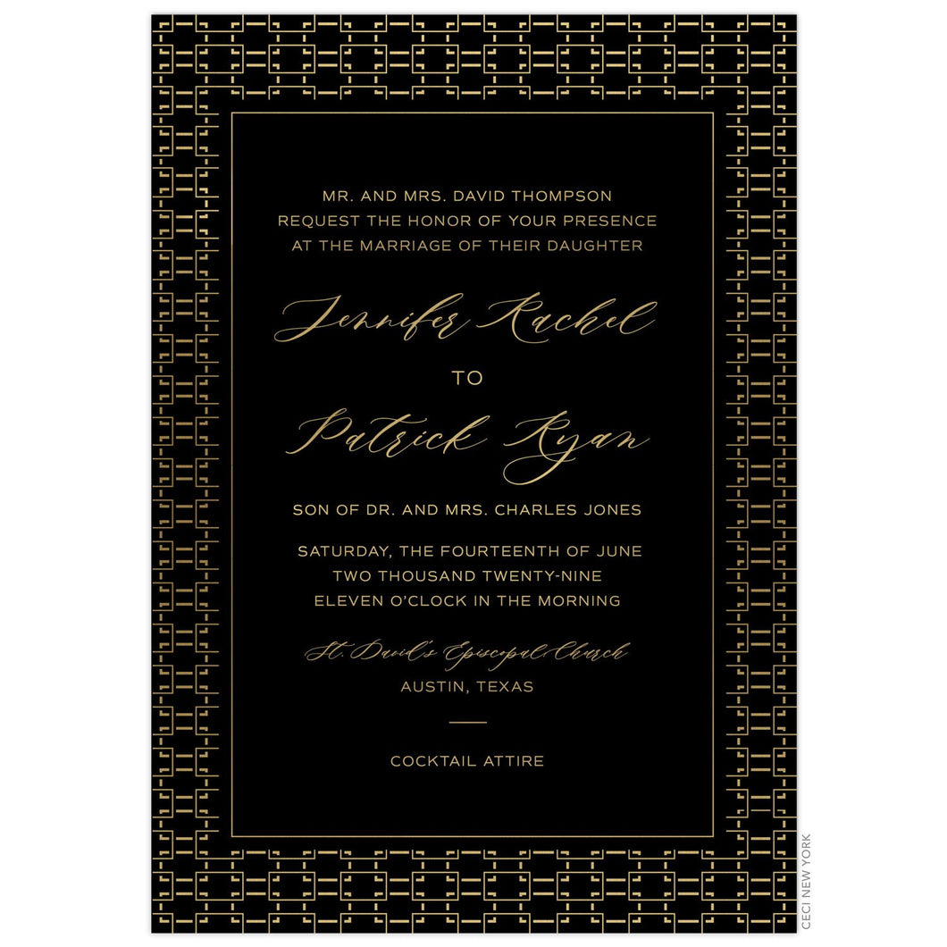 Gold Trellis pattern border on a black card. Block and script font centered on the middle of the pattern.