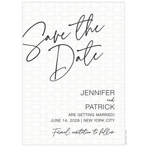Blind letterpress pattern behind right aligned block font in black. Script "Save the Date" in the top left corner of the card in black.