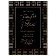 Load image into Gallery viewer, Trellis gold border on a black card with centered block and handwritten font on the middle of the card.