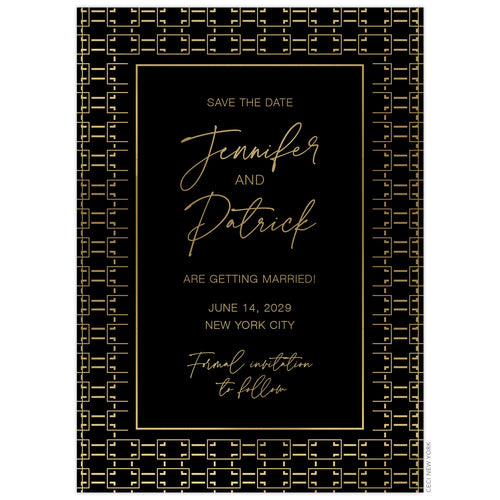 Trellis gold border on a black card with centered block and handwritten font on the middle of the card.