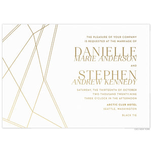 Thin, gold geometric lines on the left side of the card. Gold block font right aligned. Couples first, middle and last names stacked and touching.