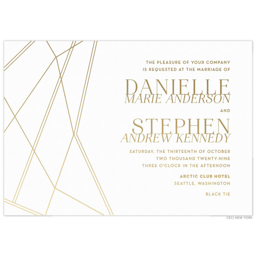 Thin, gold geometric lines on the left side of the card. Gold block font right aligned. Couples first, middle and last names stacked and touching.