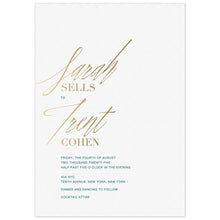 Load image into Gallery viewer, White card with gold handwritten script first names on top of gold block last names. Green left aligned copy underneath. 