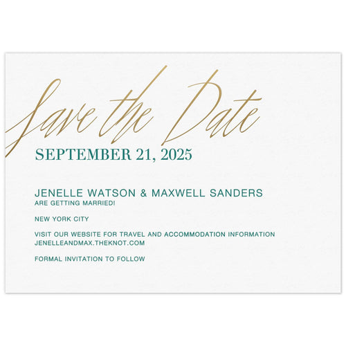 White horizontal card with large gold handwritten scrip 
