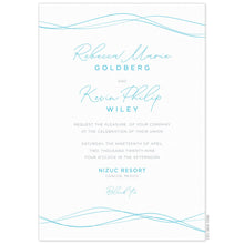 Load image into Gallery viewer, Wavey thin blue lines at the top and bottom of the white invitation. San serif and script blue copy centered on the card.