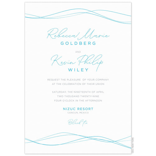 Wavey thin blue lines at the top and bottom of the white invitation. San serif and script blue copy centered on the card.