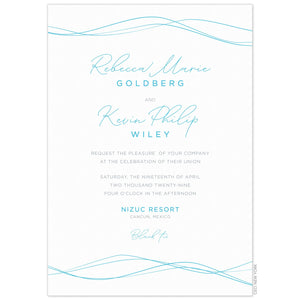 Wavey thin blue lines at the top and bottom of the white invitation. San serif and script blue copy centered on the card.