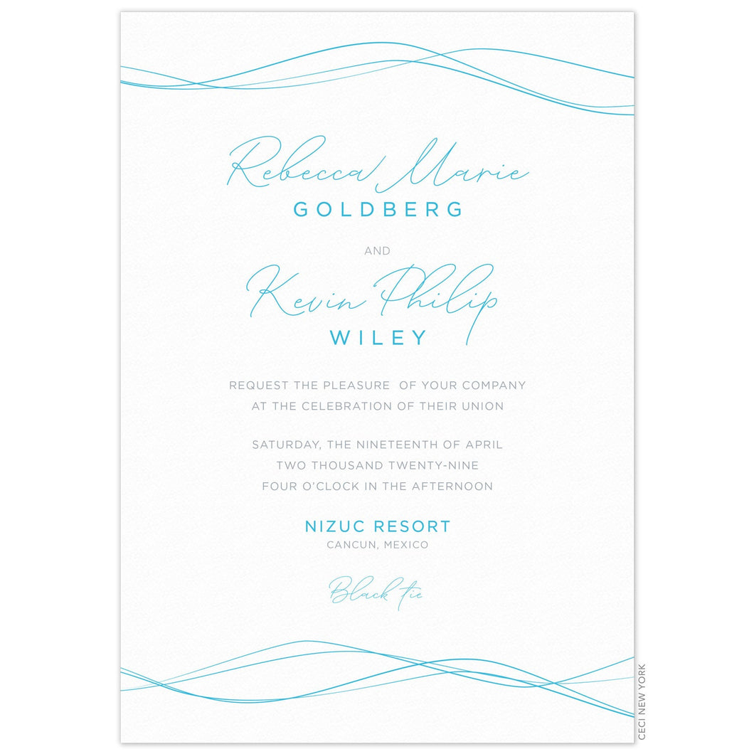 Wavey thin blue lines at the top and bottom of the white invitation. San serif and script blue copy centered on the card.