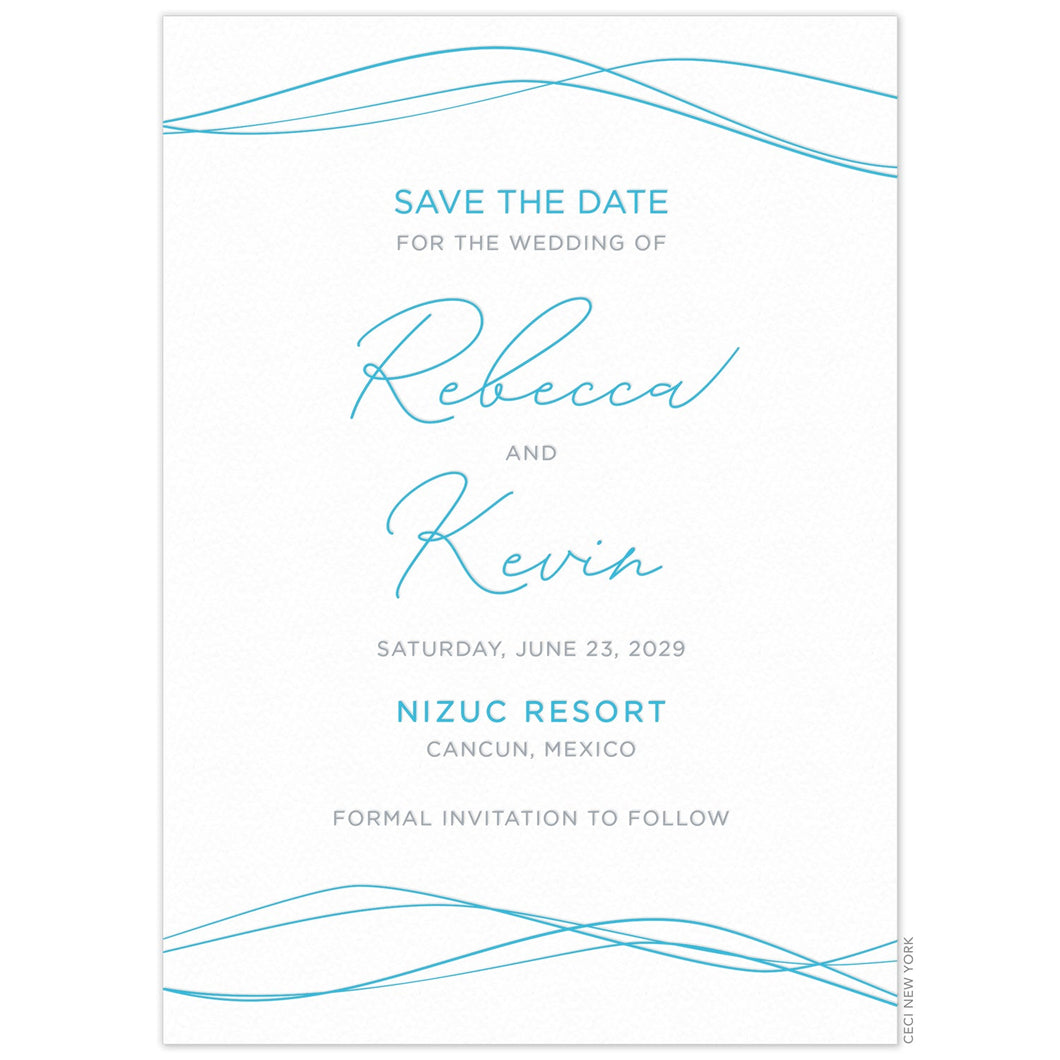Thin, wavy blue lines on the top and bottom of the card. San serif and scrip blue and grey copy centered between the lines.
