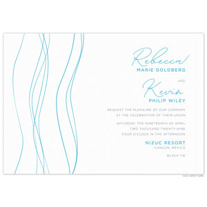 Thin, wavy, vertical lines on the left side of the card. Right aligned blue and grey, script and san serif copy.