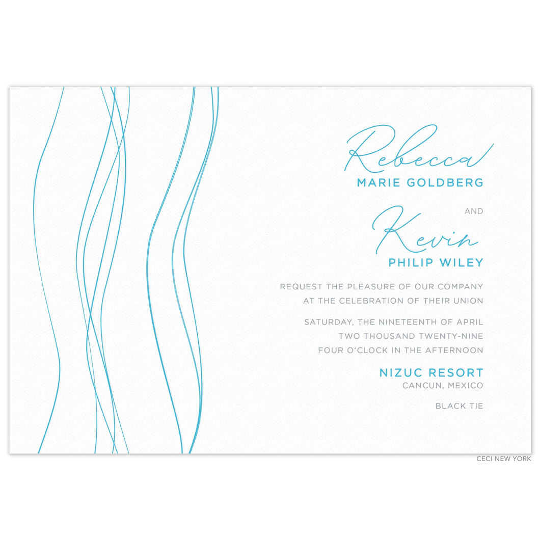 Thin, wavy, vertical lines on the left side of the card. Right aligned blue and grey, script and san serif copy.