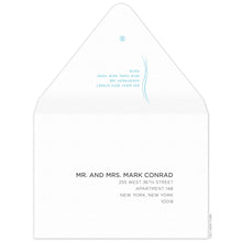 Load image into Gallery viewer, White envelope, small thin blue vertical lines on the back flap with left aligned return address and small ceci logo. Serif copy right aligned on the front of the envelope.