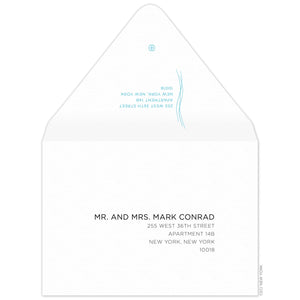 White envelope, small thin blue vertical lines on the back flap with left aligned return address and small ceci logo. Serif copy right aligned on the front of the envelope.