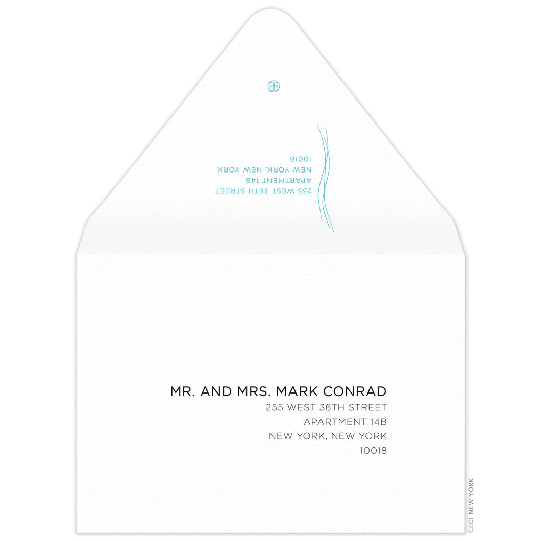 White envelope, small thin blue vertical lines on the back flap with left aligned return address and small ceci logo. Serif copy right aligned on the front of the envelope.