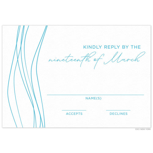 Thin, blue wavy lines on the left side of the card, block and script reply card copy on the right side.