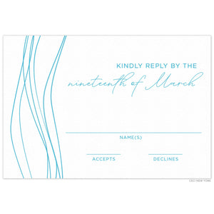 Thin, blue wavy lines on the left side of the card, block and script reply card copy on the right side.