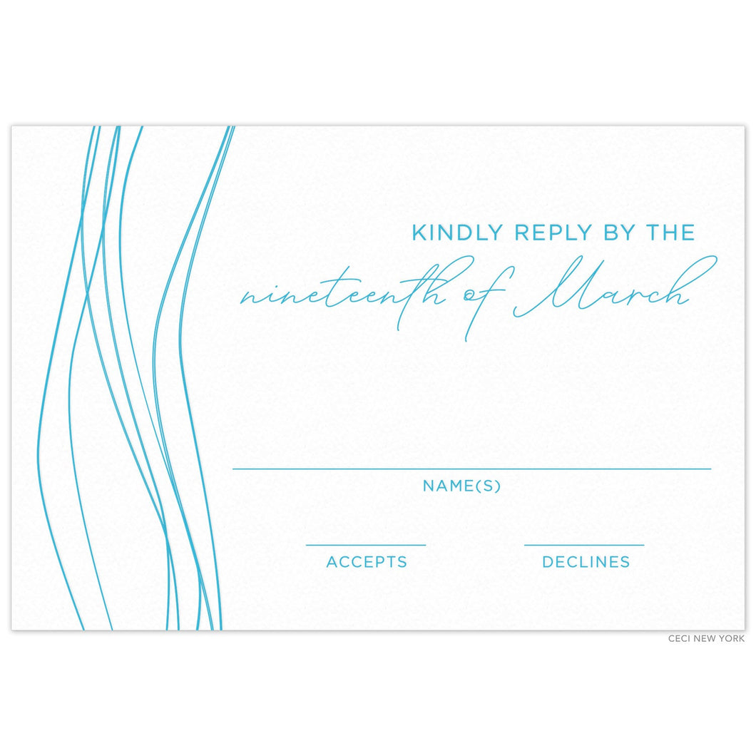 Thin, blue wavy lines on the left side of the card, block and script reply card copy on the right side.