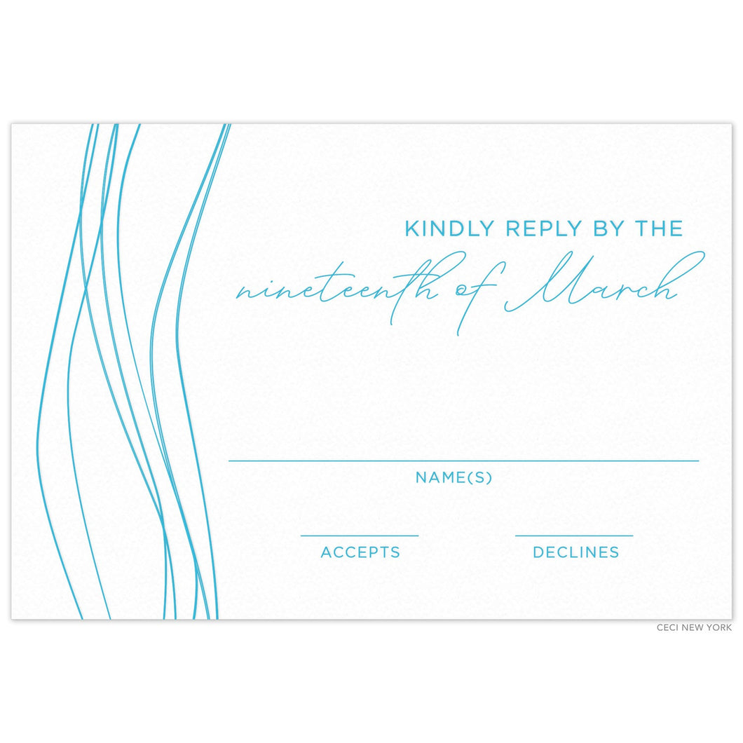 Thin, blue wavy lines on the left side of the card, block and script reply card copy on the right side.