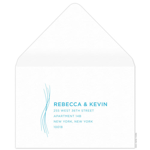 Thin, wavy, blue lines with san serif copy left aligned and centered on the front of the white reply envelope.