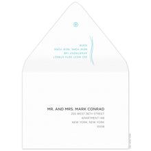 Load image into Gallery viewer, White envelope, small thin blue vertical lines on the back flap with left aligned return address and small ceci logo. Serif copy right aligned on the front of the envelope.