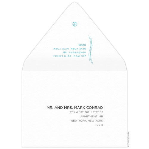 White envelope, small thin blue vertical lines on the back flap with left aligned return address and small ceci logo. Serif copy right aligned on the front of the envelope.