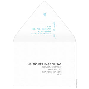 White envelope, small thin blue vertical lines on the back flap with left aligned return address and small ceci logo. Serif copy right aligned on the front of the envelope.