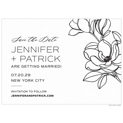 White card with black block and script left aligned copy. Large magnolia flower on the top right and side of the card.